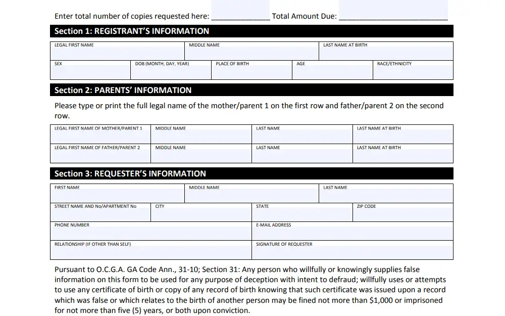 Screenshot of the birth record request form showing three sections for the information of registrant, parents, and requester respectively.