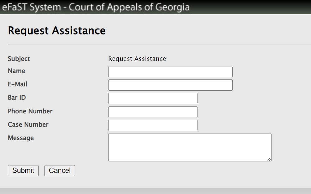 Screenshot of the online assistance request form with fields for name, contact information, bar ID, case number, and message.