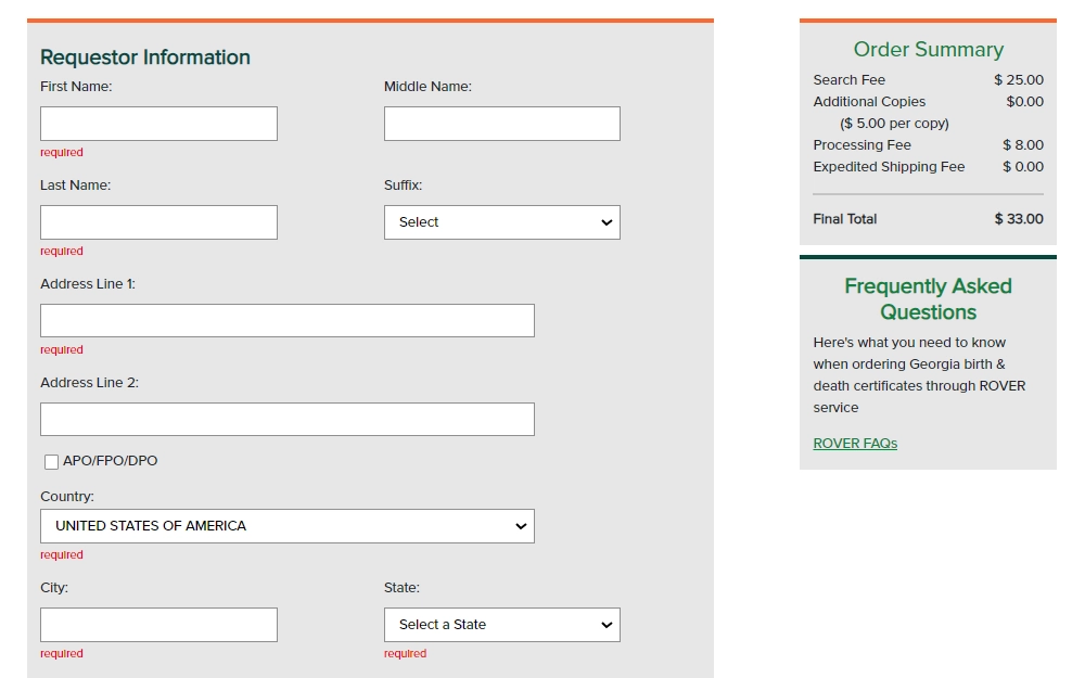 Screenshot of the requestor information section of the online order form with fields for the requestor's full name and address, as well as the fees associated.