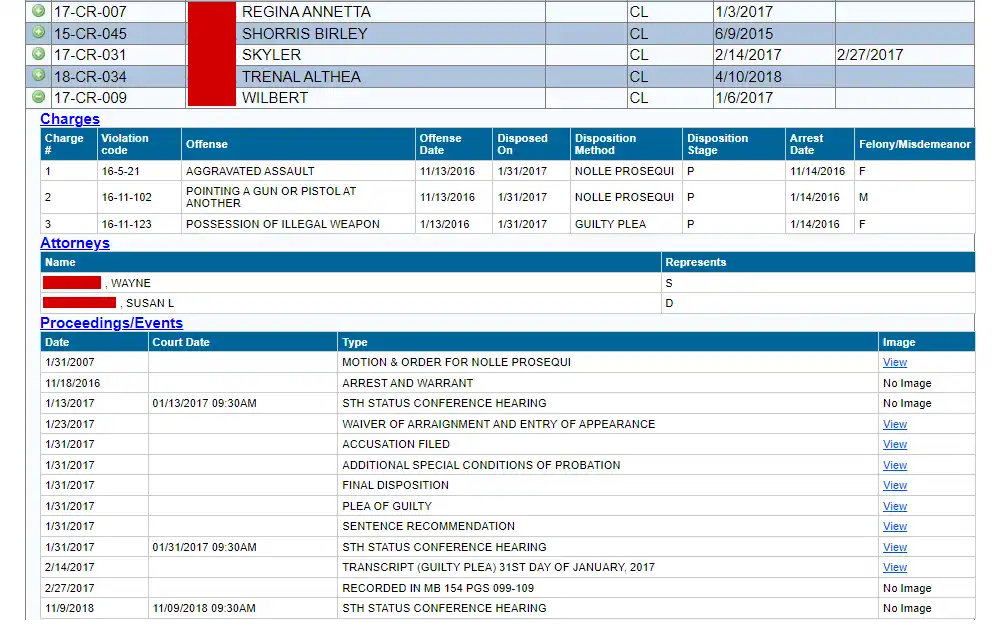 A screenshot of the case search results showing the expanded information of the last individual on the list, including charges, attorneys, proceedings, and events.